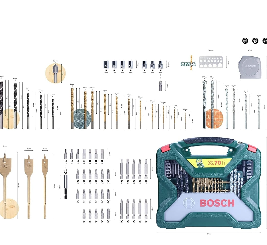 Bosch 70-Pieces X-Line Titanium Drill and Screwdriver Bit Set (for Wood, Masonry and Metal, Accessories Drills)